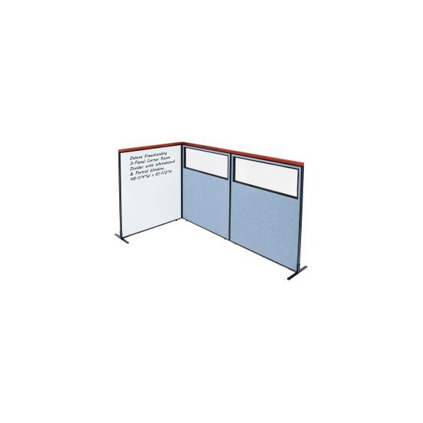Global Equipment Interion Deluxe Freestanding 3-Panel Corner w/Whiteboard Partial Window 48-1/4Wx61-1/2H Blue 695189BL - main
